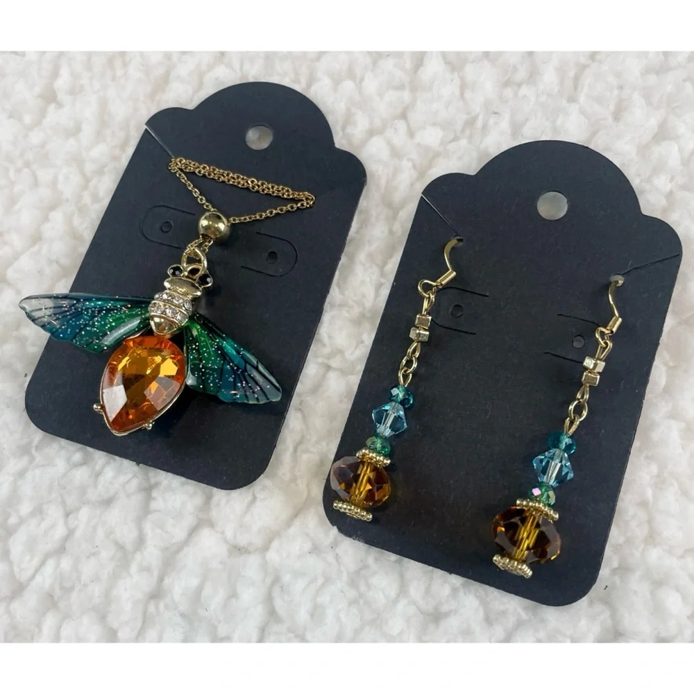 (NWOT) Blue/Green/Orange/Gold Firefly Necklace w/ Matching Drop Earrings - Picture 9 of 15